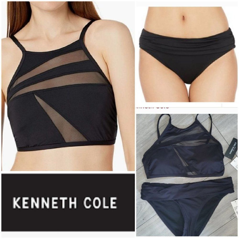 Kenneth Cole Black High Neck Bikini mesh top Hipster bottom 2 pc Swimsuit Small